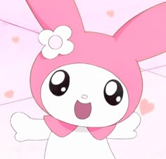 a pink rabbit with big eyes and a bow around its neck, standing in front of hearts