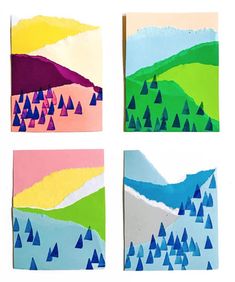 four pieces of art that are painted with different colors and shapes, each featuring trees