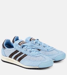 x Wales Bonner SL76 leather-trimmed sneakers in blue - Adidas | Mytheresa Wales Bonner Adidas, Simple Swimsuit, Mid Heels Pumps, Wales Bonner, Trainers Fashion, Evening Shoes, Sneakers Blue, Shoes Sneakers Adidas, Blue Adidas