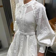 LONG SLEEVE PATCHWORK WHITE DRESS – El Merrist Store Elegant Spring Dresses, Cute Chic Outfits, White Mini Dresses, Woman Standing, Female Fashion, Spring Dress, Mini Dresses, Trendy Dresses, White Mini Dress