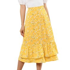 Featuring pretty ditsy floral prints, this midi skirt is a summer option that can be worn with just about anything. Channel elegant style in this midi skirt which is beautifully printed with a blossom pattern for a versatile look. It is made of lightweight fabric, adding definition to the free-flowing design. Falling to a waterfall midi hem, it sits high on the waist with a discreet side zip fastening. Summer days call for effortlessly feminine styles like skirts. Long Cotton Skirt, Skirt Chiffon, Blossom Print, Yellow Skirt, Printed Skirt, Floral Print Skirt, Midi Skirts, Summer Skirts, Print Chiffon