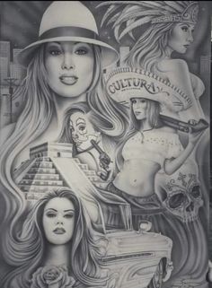 a black and white drawing of two women with tattoos on their arms, one is wearing a hat