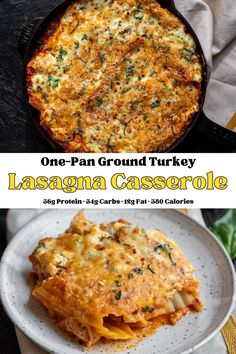 one pan ground turkey lasagna casserole on a white plate with the title