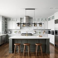 a kitchen with two stools in front of an island