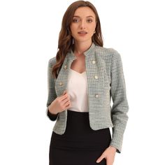 Step into timeless elegance with this vintage short tweed jacket. The stand collar and open front design create a sophisticated look that is perfect for work or office settings. Made from luxurious tweed fabric, this short jacket exudes a retro charm. The long sleeves provide extra coverage, while the button decor adds a stylish detail to the overall design. Believe you will need a jacket like this to perfect your outfit. Vintage Tweed Jacket, Womens Tweed, Cropped Blazer Jacket, Womens Jackets Casual, Jacket Beige, Cute Jackets, Tweed Fabric, Woman Standing, Womens Blazers