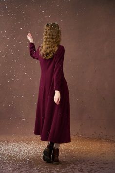 Mistletoe 17 | Vintage wool dress in Purple – Linennaive Chic Burgundy Maxi Dress For Fall, Elegant Midi Dress For Fall, Chic Winter Maxi Dress For Formal Occasions, Chic Winter Maxi Dress For Work, Winter Formal Long Maxi Dress, Chic Winter Formal Maxi Dress, Chic Formal Winter Maxi Dress, Formal Long Maxi Dress For Winter, Fall Party Wool Dress