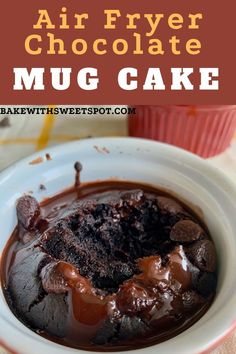 a close up of a plate of food with chocolate cake in the middle and text overlay reading air fryer chocolate mug cake