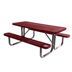 a red picnic table with two benches on each side and one in the middle, against a white background