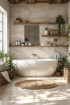 a bath room with a large tub and plants