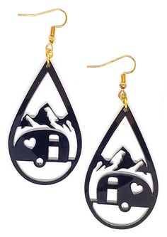 These camper earrings are the perfect gift for the happy camper in your life. These cute black acrylic earrings are lightweight and versatile enough to add a nice touch to any outfit. Details... one set of earrings black acrylic laser cut  dangle earrings  1.3 inches in width 2.25 inches in length silver finish hooks This set is handmade. Because of this, there may be slight variances from included photos. Do not submerge in water (showering, swimming, etc.). These are made of acrylic but are no Black Acrylic Earrings, Acrylic Laser Cut, Laser Projects, Black Acrylic, Happy Camper, Black Acrylics, Earrings Black, Mustard Seed, Camping Car