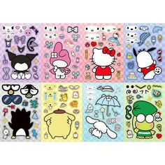 hello kitty stickers are shown in different colors and sizes, including one with an umbrella