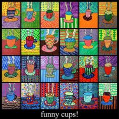 a poster with pictures of coffee cups on it's sides and the words, funny cups