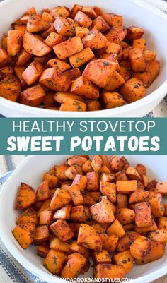 two bowls filled with sweet potatoes on top of a table