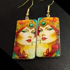 These image transfer earrings are ready to ship.  The earrings are handcrafted from polymer clay and uses my own image transfer technique. They have a top layer of resin.  I have only one pair of these earrings. Bohemian Hand-painted Resin Earrings, Art Earrings, Image Fun, Bib Necklaces, Mica Powder, Image Transfer, Clear Stamps, Craft Stores, Jewelry Findings