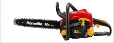 a red and black chainsaw with the words homelite on it's side