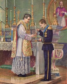 a painting of a priest handing something to a young boy in front of a church altar