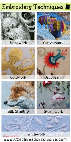 embroidery techniques for beginners with pictures of different animals and their names on the front