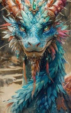 a painting of a dragon with feathers on its head