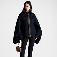 LOUIS VUITTON® - Cape Hoodie - Marine Louis Vuitton Gifts, Fall Winter Essentials, Stole Scarf, Rory Gilmore, Louis Vuitton Official, Leather Accents, Exposed Zipper, Knitwear Tops, Winter Coats Jackets