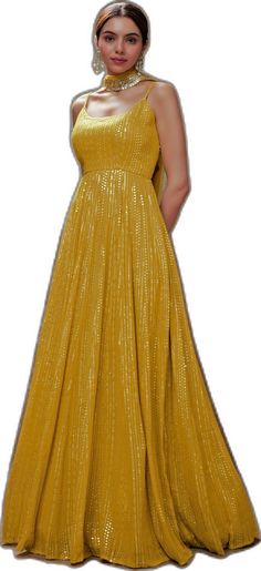 Festive Georgette Gown For Gala, Festive Maxi Length Gown For Gala, Gold Bollywood Maxi Dress, Yellow Georgette Party Dress, Gold Anarkali Set For Party, Yellow Bollywood Style Maxi Dress, Gold Anarkali Maxi Dress, Yellow Bollywood Maxi Dress, Gold Anarkali Floor-length Dress