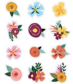 various flower stickers are shown on a white background, each with different colors and shapes