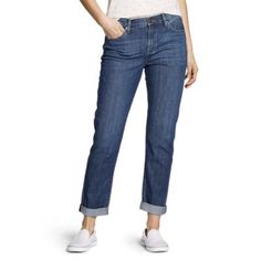 Our bestselling Boyfriend is like no other jean in your closet, thanks to a cotton/spandex blend that fits just right. Classic five-pocket styling.Models shown are 5'9" to 5'11" tall, wearing size S/4, L/12, or XXL/18. Casual Straight Cropped Cotton Jeans, Casual Jeans With 5-inch Inseam And Pockets, Casual Jeans With 5-inch Inseam, Boyfriends Be Like, Womens Boyfriend Jeans, Slim Leg, Slim Legs, Eddie Bauer, Slim Fit Jeans