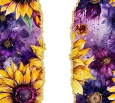 two sunflowers are painted in purple and yellow colors with gold glitter on them