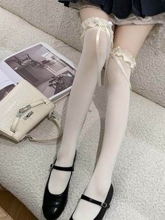 This price is for a pair of socks, others are not included. Long White Socks Outfit, Long Socks Aesthetic, Knee Socks Aesthetic, Coquette Black And White, Dsmp Oc, Lace Thigh Highs, Y2k Socks, Coquette Shoes, Long White Socks