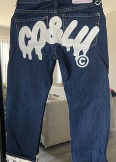 Co & Lu Denim from Japan Cocolulu. Custom Diy Clothes, Jaket Denim Custom, Jeans Streetwear, Designs On Jorts, Graphic Jeans Men, Streetwear Denim, Y2k Jeans Men, Bape Pants, Custom Clothes Streetwear