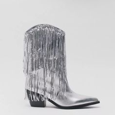 Nastygal Silver Fringe Sequin Cowboy Boots 8 Sold Out Online!!! So Gorgeous Metallic Embellished Tassel Cowboy Boot New And Unworn Check My Reviews Western Party Boots With Fringe, Western Style Fringe Boots For Spring, Pointed Toe Party Boots With Fringe, Party Boots With Fringe And Pointed Toe, Western Summer Boots With Fringe, Western Fringe Boots For Summer, Spring Boots With Rhinestone Fringe, Trendy Party Boots With Fringe, Trendy Spring Boots With Tassels