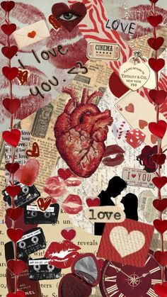 an altered collage with hearts and other things