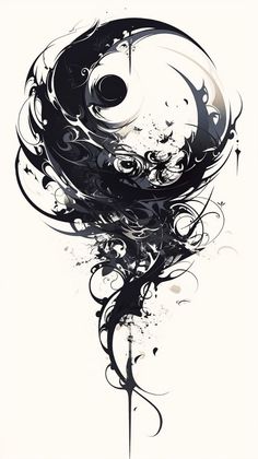 an artistic black and white painting with swirly lines on it's side, in the shape of a yin symbol