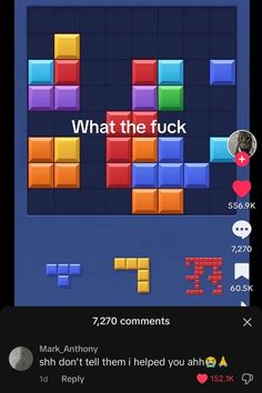 an image of a game with blocks and words on the screen that says, what the fock?