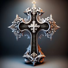 an ornate silver and black cross on a gray background