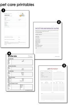 four pet care printables are shown with the instructions for each item in this set