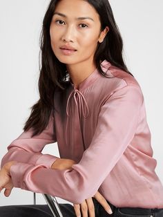 Satin Tie-Neck Shirt | Banana Republic Elegant Pink Tie Neck Top, Pink Relaxed Fit Elegant Blouse, Pink Relaxed Fit Elegant Top, Elegant Relaxed Fit Pink Top, Elegant Pink Relaxed Fit Top, Tie Neck Shirt, Band Collar, Hip Length, Satin Fabric