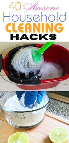 the process to make homemade cleaning hacks is shown with lemons and lime slices