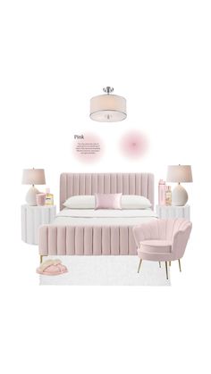 a bedroom with pink furniture and accessories on the floor in front of a white background