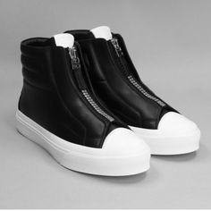 City High Top Sneakers In Black Leather, Front Zip Closure, Rubber Toe, Padding Details, 100% Leather, Rubber Outsole, Made In Italy. Size 44eu (11d Us) Leather Sneakers With Zipper For Streetwear, Sporty Leather High-top Sneakers With Zipper, Luxury Leather High-top Sneakers With Rubber Sole, Black Sneakers With Zipper Closure For Streetwear, Luxury Breathable High-top Sneakers For Men, Black Zipper Closure Sneakers For Streetwear, Luxury Fade-resistant Men's High-top Sneakers, Functional Black Leather High-top Sneakers, Black Leather Sneakers With Zipper Closure