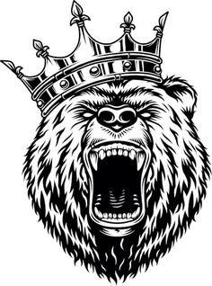 an angry bear wearing a crown with its mouth open and it's teeth wide open