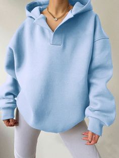 Plus Size Solid Color Drop Shoulder Hoodie Blue Casual  Long Sleeve Fabric Plain Pullovers Slight Stretch Fall/Winter Women Plus Clothing, size features are:Bust: ,Length: ,Sleeve Length: Drop Shoulder Hoodie, Loose Sweater, Inspiration Mode, Long Hoodie, Retro Outfits, Navy Tops, Women's Casual, White Tops, Winter Women