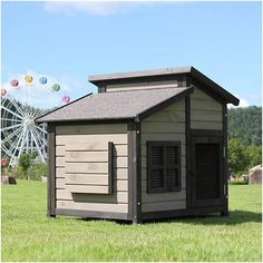 a dog house in the middle of a field with a ferris wheel in the background