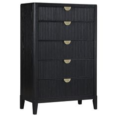 a black dresser with gold knobs on the top and bottom drawers, against a white background