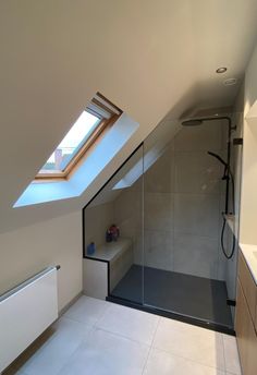 an attic bathroom with skylight and shower