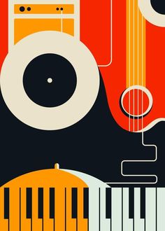 an abstract music background with musical instruments and piano keys in orange, black, and white colors