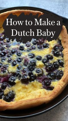 a pie with blueberries on it and the words full recipe and tips at dranddough com