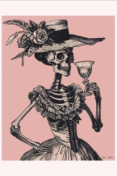 a drawing of a skeleton wearing a hat and holding a wine glass in her hand