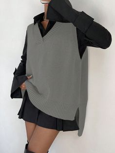 Women's Casual Solid Color Asymmetric Hem Sweater Vest, Spring & Autumn Dark Grey Casual   Fabric Colorblock,Plain  Slight Stretch  Women Clothing, size features are:Bust: ,Length: ,Sleeve Length: Spring Business Casual Outfits, Velvet Sweater, Khaki Fashion, Hem Sweater, Sweater Vest Women, Vest Outfits, 가을 패션, Fashion Mode, Business Casual Outfits