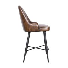 an upholstered brown leather chair with black legs and a wooden frame, on a white background