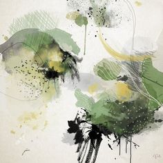 an abstract painting with green, yellow and black paint splattered on the paper